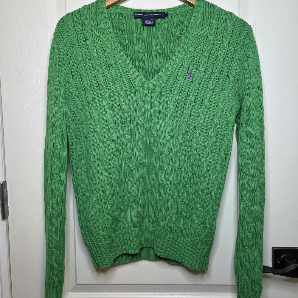 Vintage Ralph Lauren Green V-Neck Cableknit Sweater Large